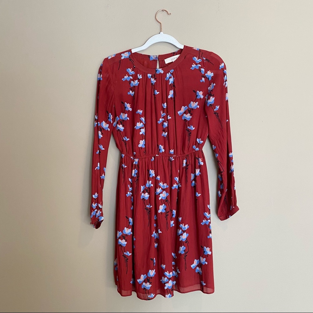 LOFT- Red Floral Long Sleeve Mini Dress